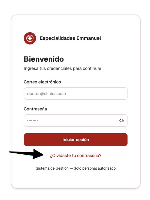 Pantalla de inicio con enlace de recuperación