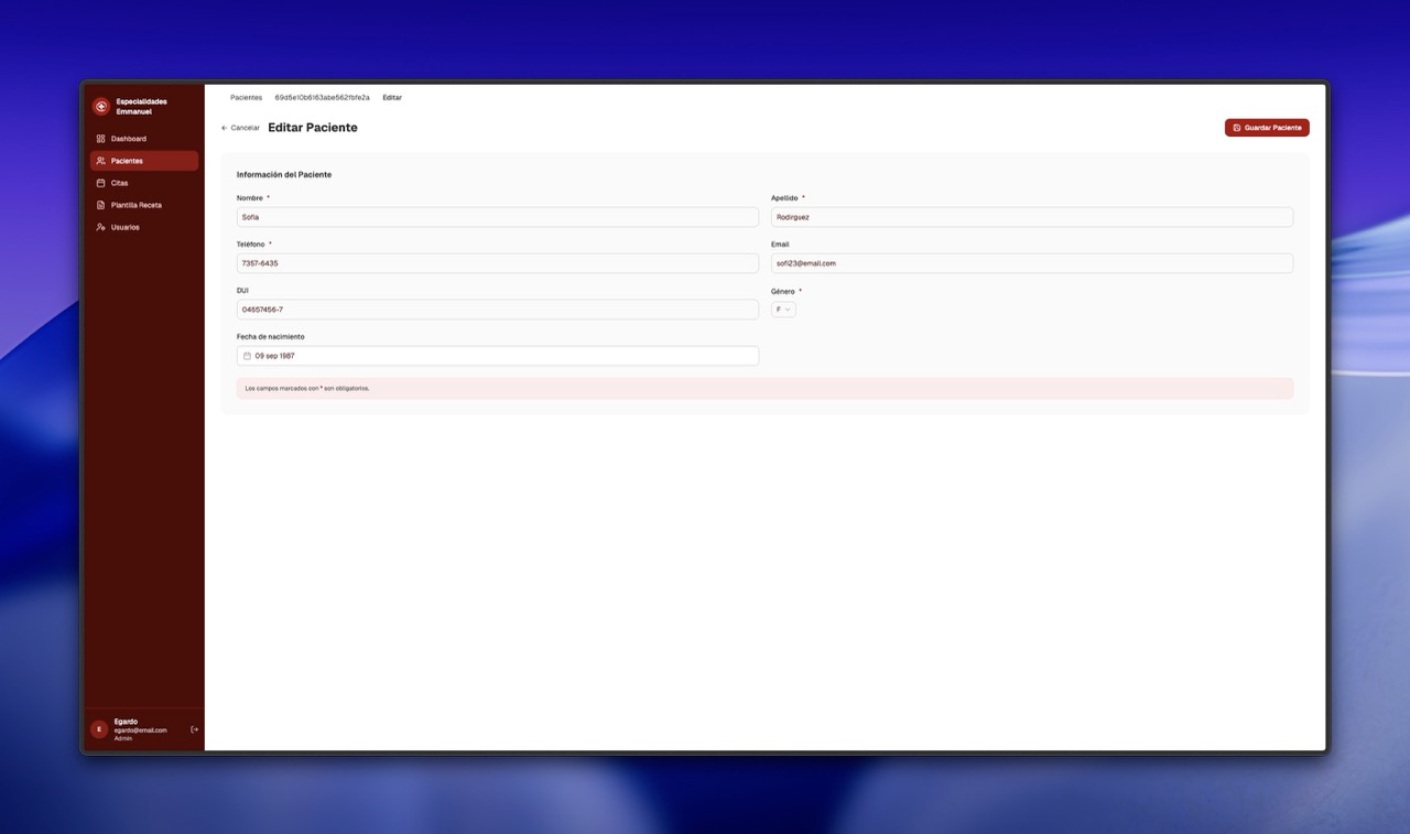 Pantalla para editar la información del paciente