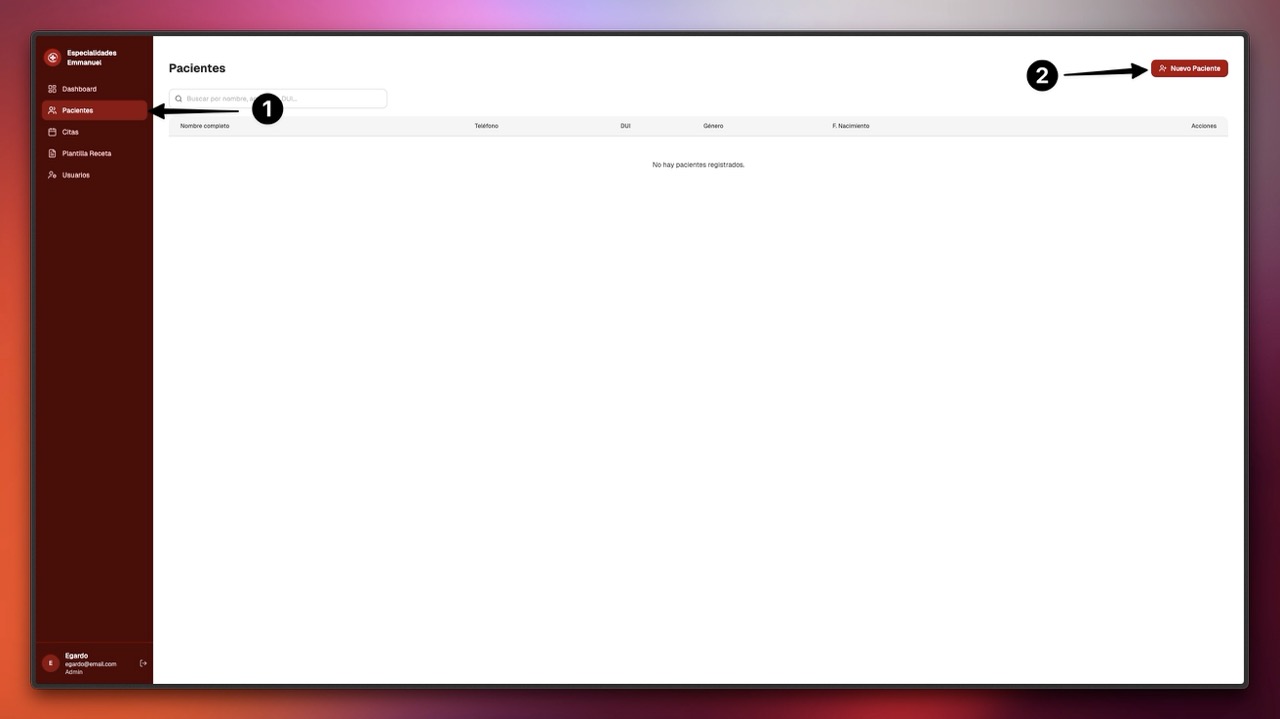 Ir a pacientes y crear uno nuevo