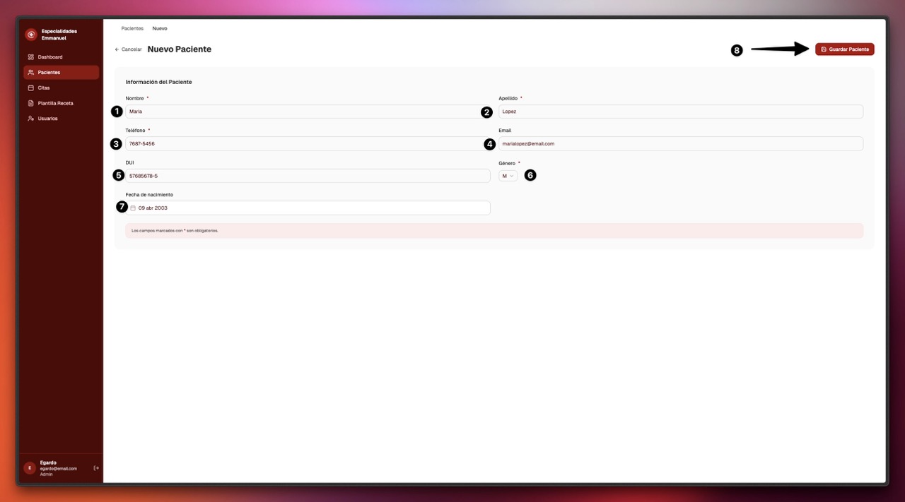 Formulario para registrar un paciente